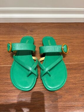 Talbots Green Leather Sandals with Gold Logo